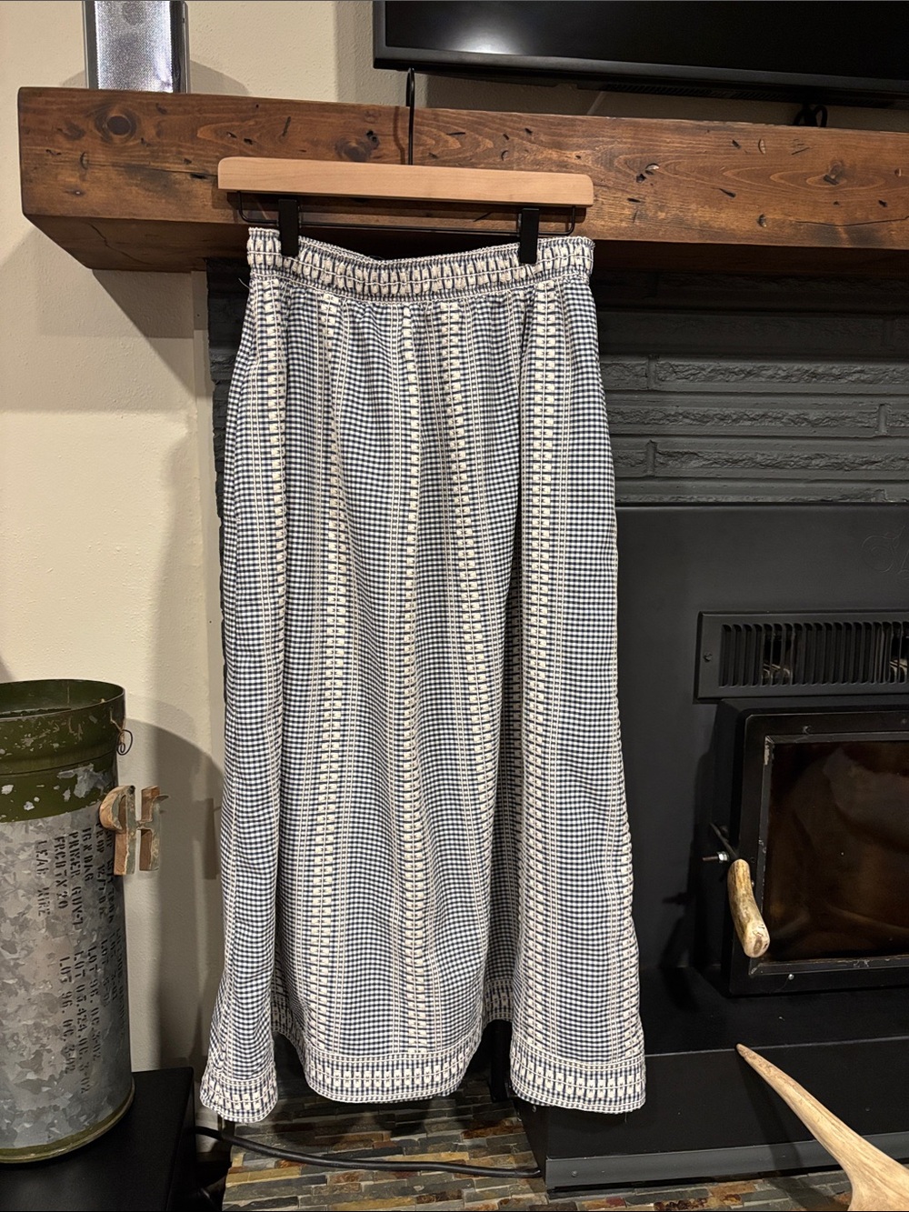 Navy & White Gingham Maxi Skirt with Elastic Waist